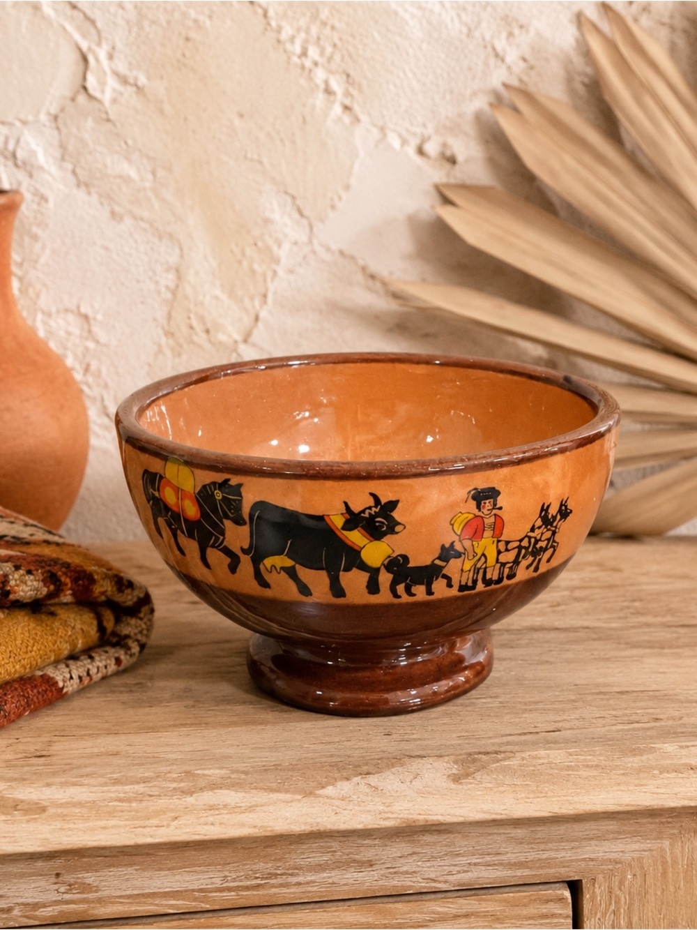 Vintage Mexican Folk Art Style Pottery Bowl Footed Terracotta Donkey Village Sce